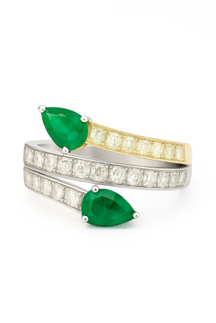 JSP02 - 14K Two Tones Pear Shape Emerald Ring