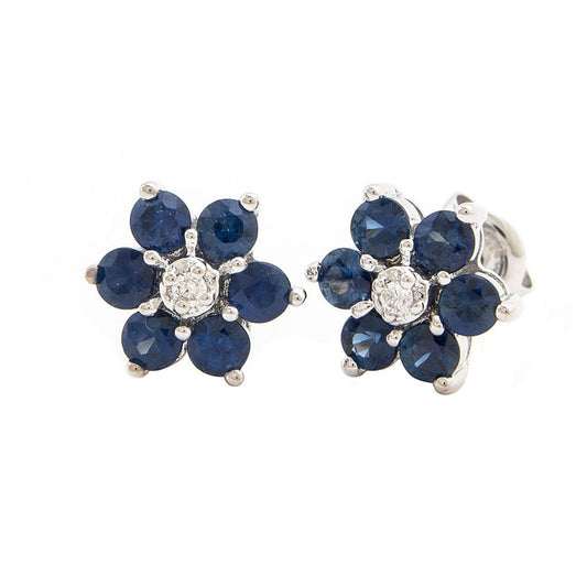 260N - 14K White Gold Natural Blue Sapphire & Diamonds Flower Earrings