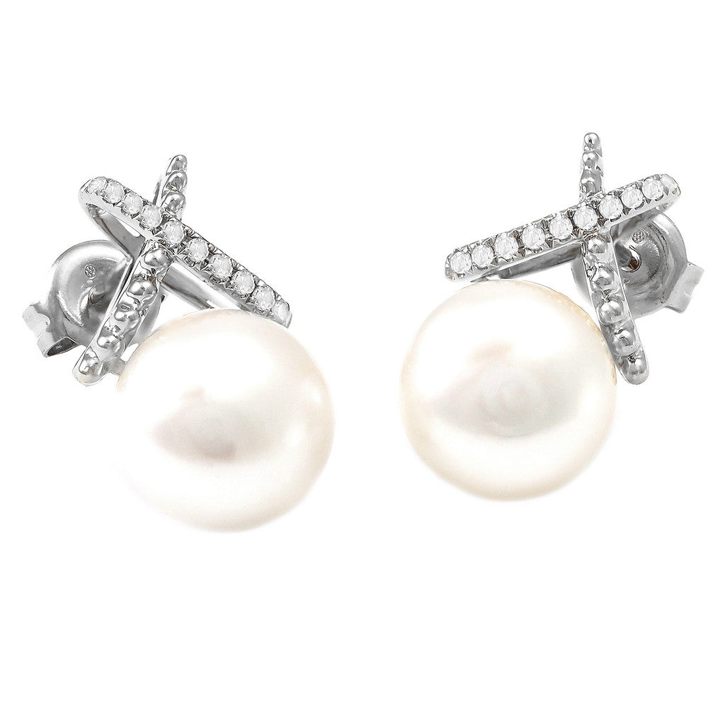 290N - 14KW Diamonds "X" & Natural Pearl Earrings