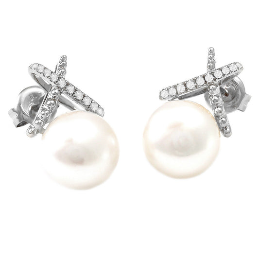 290N - 14KW Diamonds "X" & Natural Pearl Earrings