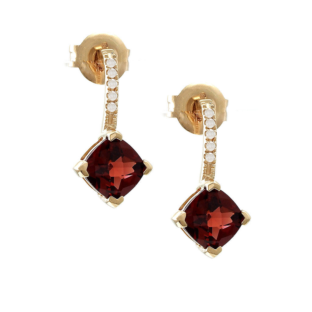 180N - 14KY Cushion Garnet & Diamonds Dangle Earrings - January Birthstone