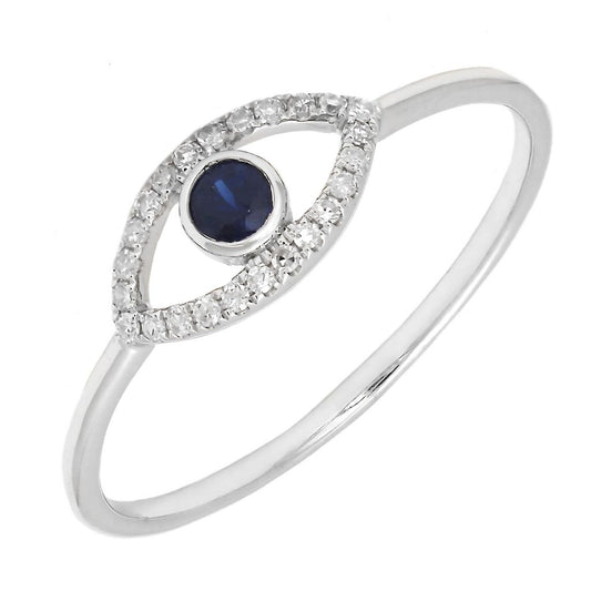145 -14K White Gold Natural Blue Sapphire & Diamonds Evil Eye Ring