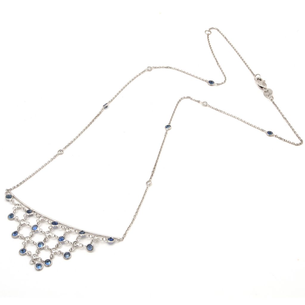 650N - 14K White Gold Round Bezel Sapphire & Diamonds Bib Necklace (Length: 16″+2″)                       Necklaces