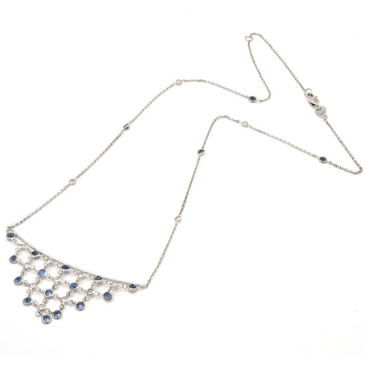 650N - 14K White Gold Round Bezel Sapphire & Diamonds Bib Necklace (Length: 16″+2″)                       Necklaces