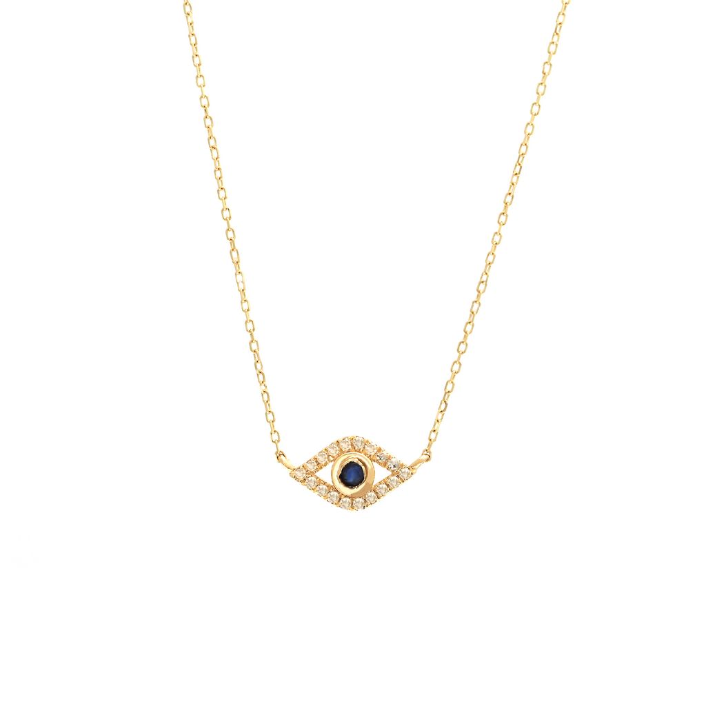 150N - 14KY Mini Evil Eye with Natural Sapphire Necklace - Length: (16+2″)