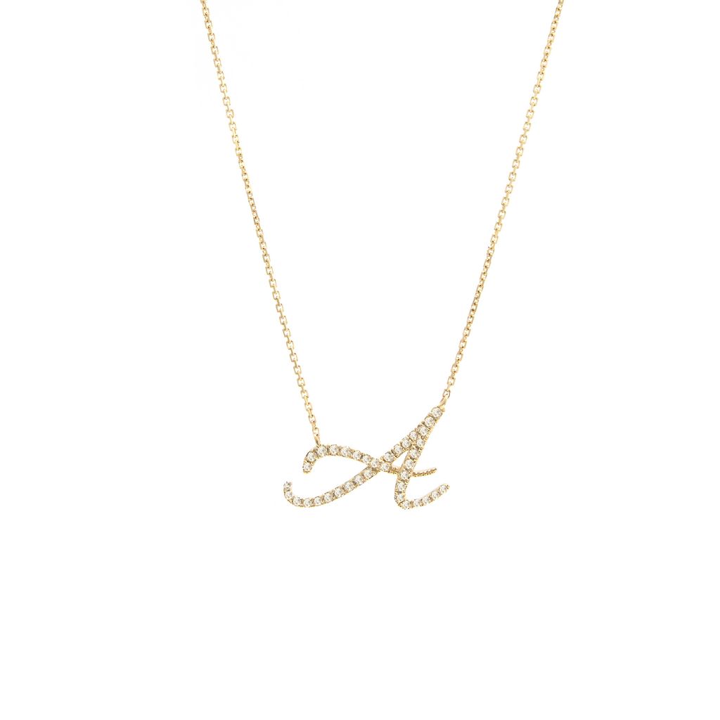 250C - 14KY Micro Pave Script Diamond Initial "A" Necklace - (Length 16+2″)