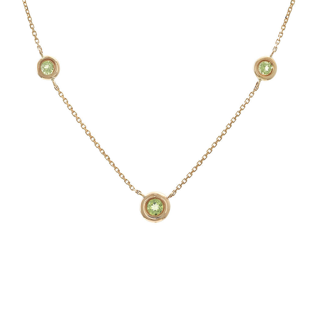 180N - 14K Round Bezel Peridot 3 Stations Necklace (Length16+2″) - August Birthstone
