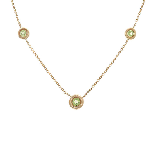 180N - 14K Round Bezel Peridot 3 Stations Necklace (Length16+2″) - August Birthstone