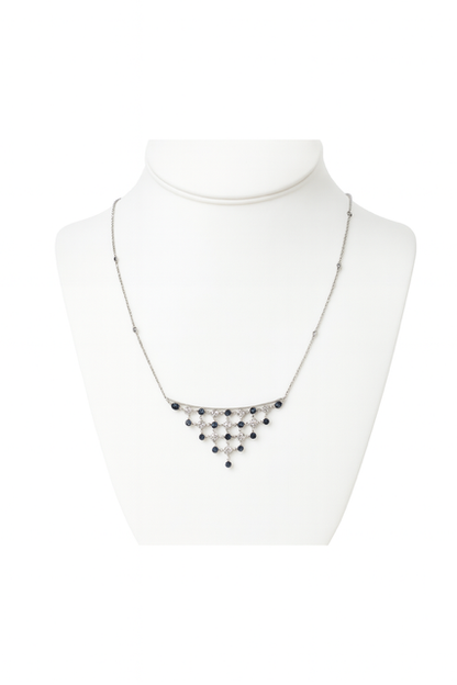 650N - 14K White Gold Round Bezel Sapphire & Diamonds Bib Necklace (Length: 16″+2″)                       Necklaces