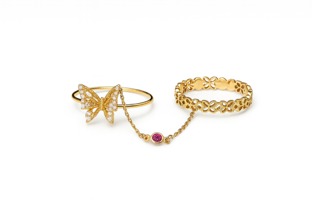 IMS8 - 14YG Butterfly Diamond Double Ring with Chain