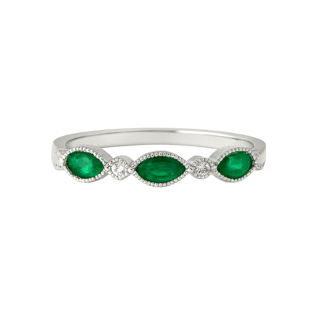 LA3 - 14KW Marquise Natural Emeralds & Diamonds Stackable Ring