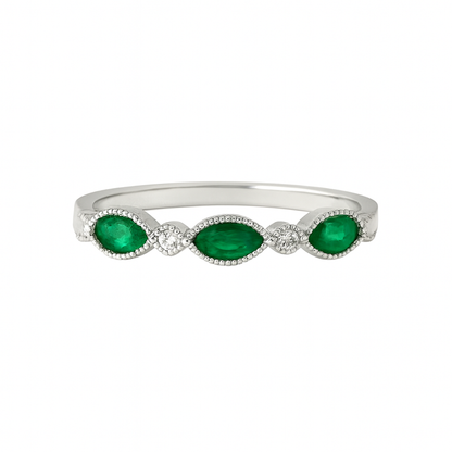 LA3 - 14KW Marquise Natural Emeralds & Diamonds Stackable Ring
