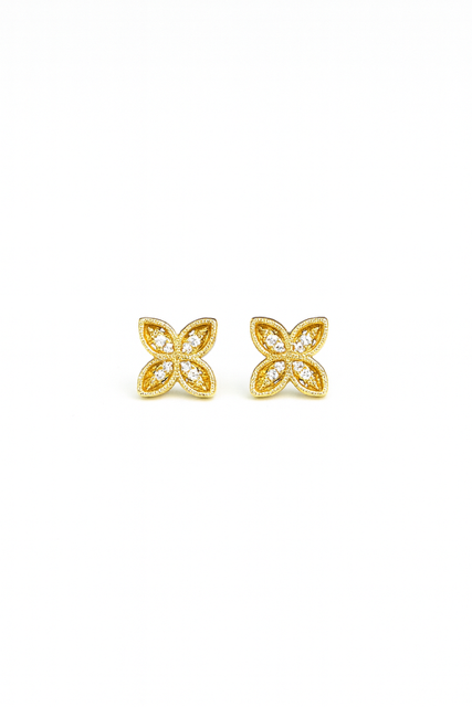 IMS2- 14KY 4 Leaves Flower with Diamonds Stud Earrings