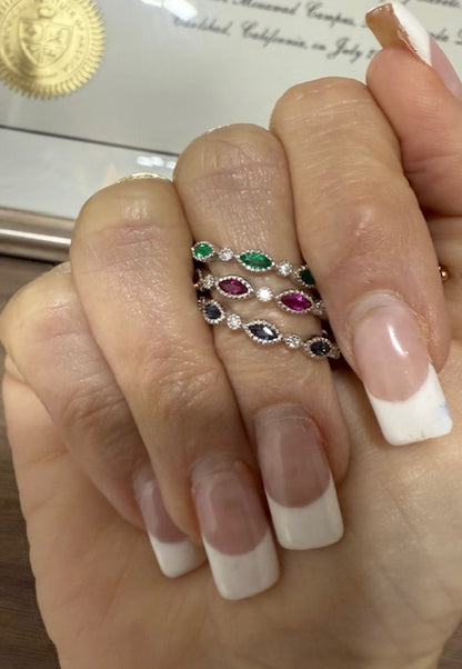 LA3 - 14KW Marquise Natural Emeralds & Diamonds Stackable Ring