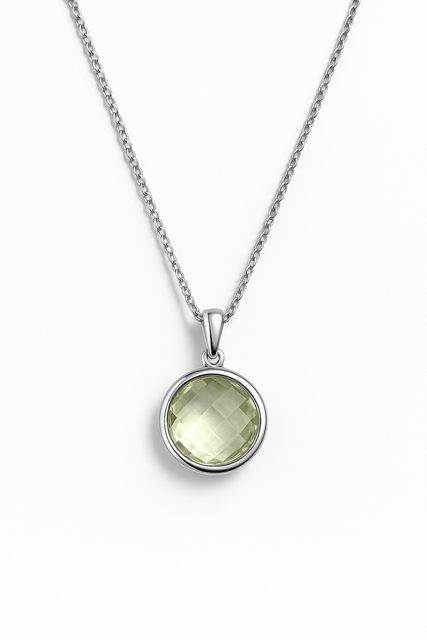 SIL14- Silver Necklace with Faceted Green Lemon Quartz