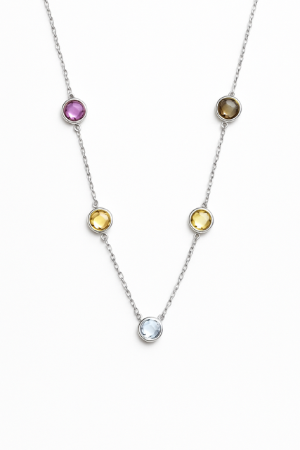 SIL12- Silver Rhodium plated Chain With Natural Semi Precious Stones
